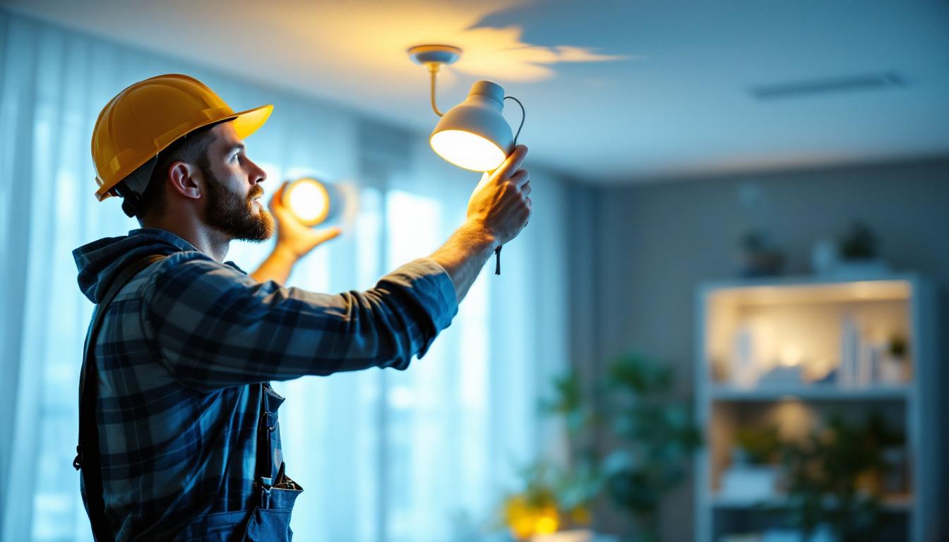 A photograph of a lighting contractor skillfully installing or adjusting indoor motion lighting in a modern home setting