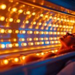 A photograph of a modern tanning booth with glowing bulbs