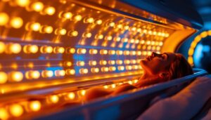 A photograph of a modern tanning booth with glowing bulbs