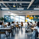 A photograph of a well-lit classroom showcasing a variety of lighting solutions