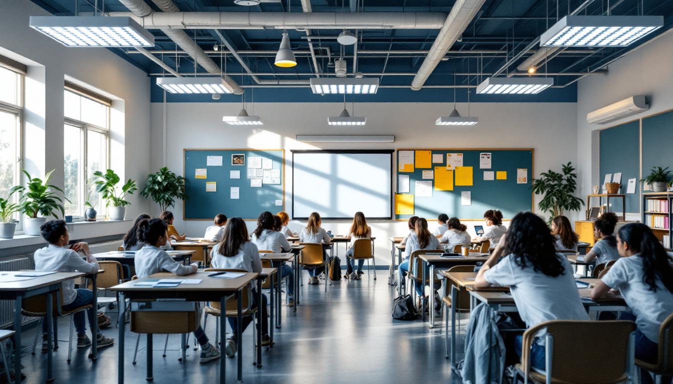 A photograph of a well-lit classroom showcasing a variety of lighting solutions