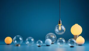 A photograph of a stylish pendant light with a variety of replacement globes displayed around it