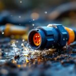A photograph of a close-up of a waterproof automotive electrical connector in a rugged outdoor setting