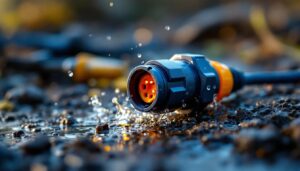 A photograph of a close-up of a waterproof automotive electrical connector in a rugged outdoor setting