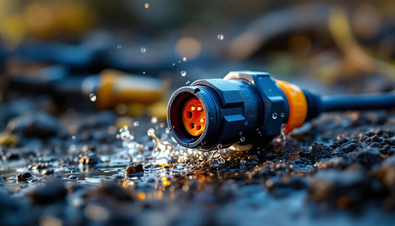 A photograph of a close-up of a waterproof automotive electrical connector in a rugged outdoor setting
