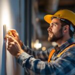 A photograph of a lighting contractor installing an occupancy switch in a commercial space