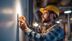 A photograph of a lighting contractor installing an occupancy switch in a commercial space