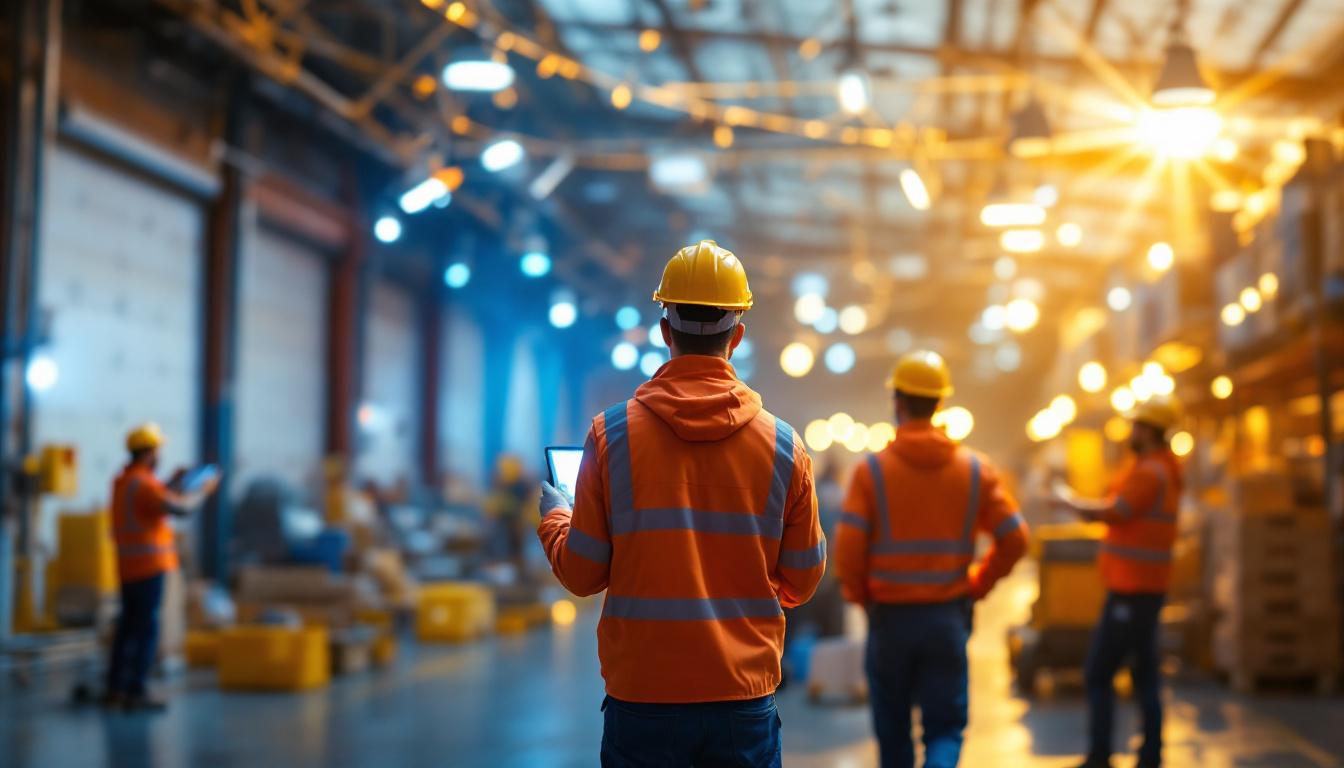 A photograph of a bustling outdoor warehouse environment