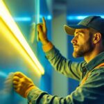 A photograph of a lighting contractor skillfully installing led light strips in a modern residential or commercial space