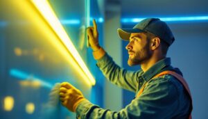 A photograph of a lighting contractor skillfully installing led light strips in a modern residential or commercial space