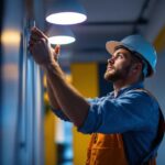 A photograph of a lighting contractor expertly installing or adjusting nora lights in a modern space