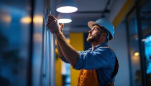A photograph of a lighting contractor expertly installing or adjusting nora lights in a modern space