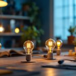 A photograph of a well-lit workspace showcasing various light bulb plugs in use