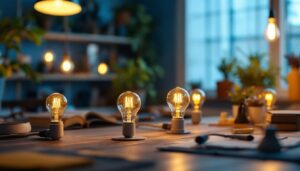 A photograph of a well-lit workspace showcasing various light bulb plugs in use