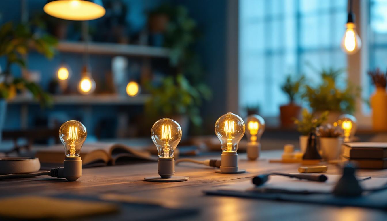 A photograph of a well-lit workspace showcasing various light bulb plugs in use