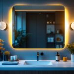 A photograph of a stylishly designed vanity with side lights illuminating the mirror