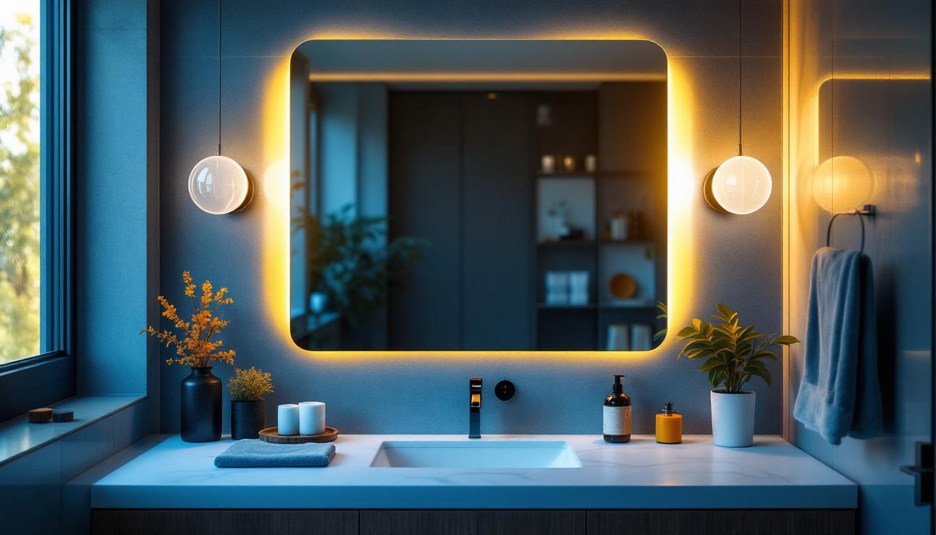 A photograph of a stylishly designed vanity with side lights illuminating the mirror