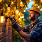 A photograph of a lighting contractor skillfully installing or adjusting outdoor lighting fixtures in a beautifully illuminated garden or patio setting