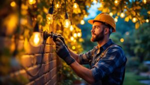 A photograph of a lighting contractor skillfully installing or adjusting outdoor lighting fixtures in a beautifully illuminated garden or patio setting
