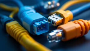 A photograph of a close-up of various electrical cable connectors arranged aesthetically