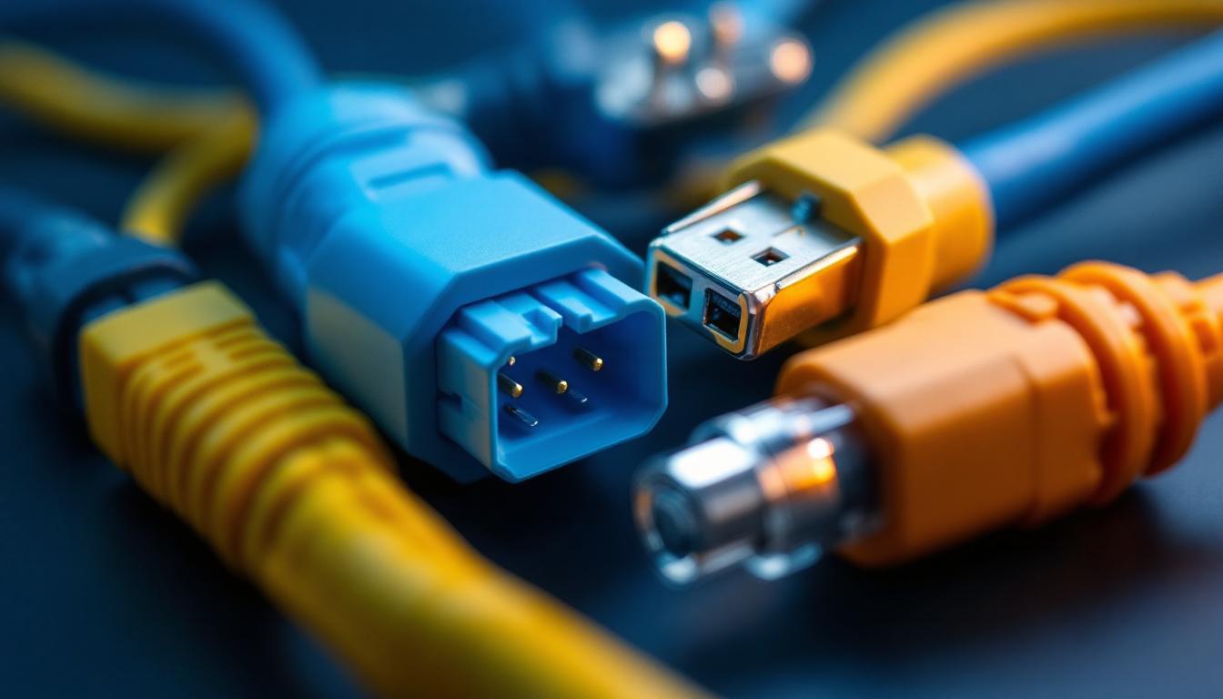 A photograph of a close-up of various electrical cable connectors arranged aesthetically