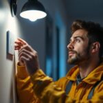 A photograph of a lighting contractor inspecting a stylish light fixture outlet installation in a modern home