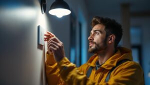A photograph of a lighting contractor inspecting a stylish light fixture outlet installation in a modern home