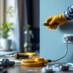 A photograph of a skilled lighting contractor installing a light receptacle plug in a modern home setting