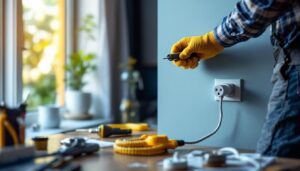 A photograph of a skilled lighting contractor installing a light receptacle plug in a modern home setting