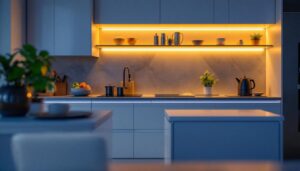 A photograph of a beautifully illuminated kitchen featuring sleek under cabinet led strip lighting