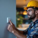 A photograph of a lighting contractor installing a leviton z wave switch in a modern home setting