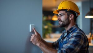 A photograph of a lighting contractor installing a leviton z wave switch in a modern home setting
