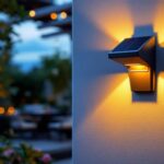 A photograph of a beautifully designed outdoor solar-powered wall sconce illuminating a garden or patio setting at dusk