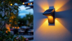 A photograph of a beautifully designed outdoor solar-powered wall sconce illuminating a garden or patio setting at dusk