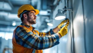 A photograph of a skilled lighting contractor carefully installing or adjusting lights on a bracket in a well-lit space