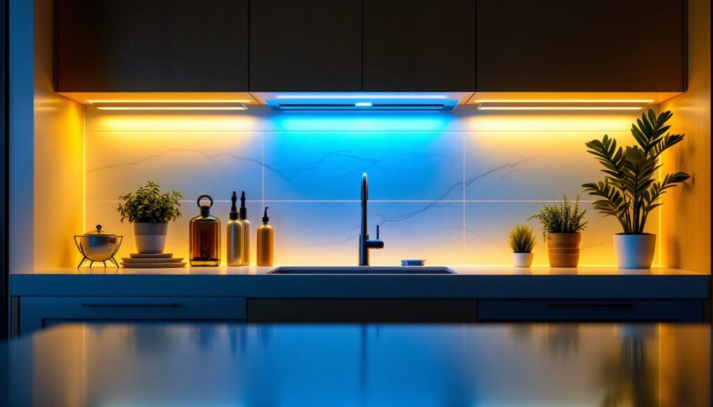 A photograph of a beautifully illuminated kitchen featuring under cabinet light strips