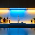 A photograph of a beautifully illuminated kitchen featuring under cabinet light strips