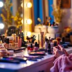 A photograph of a well-lit makeup vanity setup featuring a diverse range of makeup products