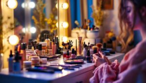 A photograph of a well-lit makeup vanity setup featuring a diverse range of makeup products