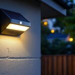 A photograph of a solar-powered light fixture equipped with a motion sensor installed in a residential or commercial outdoor setting