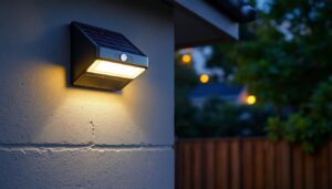 A photograph of a solar-powered light fixture equipped with a motion sensor installed in a residential or commercial outdoor setting