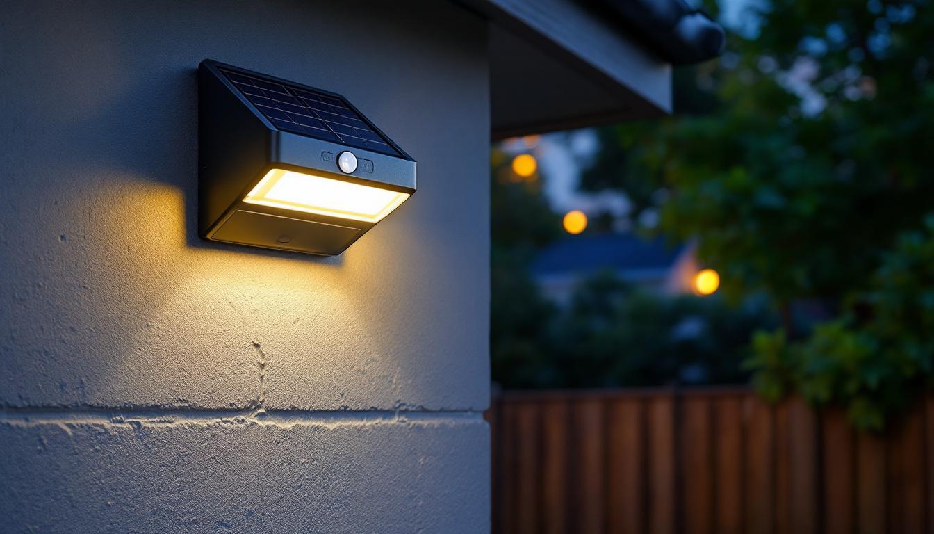 A photograph of a solar-powered light fixture equipped with a motion sensor installed in a residential or commercial outdoor setting