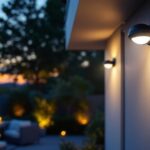 A photograph of a motion-activated outdoor ceiling light installed in a beautifully landscaped patio setting