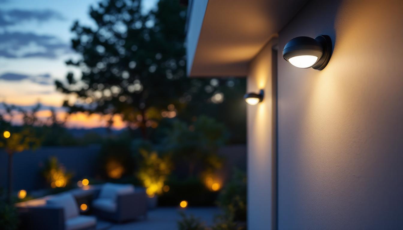 A photograph of a motion-activated outdoor ceiling light installed in a beautifully landscaped patio setting