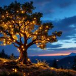 A photograph of a beautifully illuminated tree at dusk