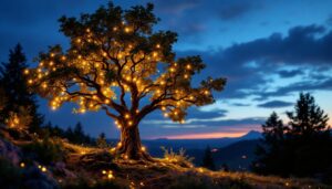 A photograph of a beautifully illuminated tree at dusk