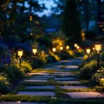 A photograph of a beautifully illuminated garden pathway at dusk