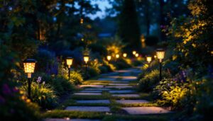 A photograph of a beautifully illuminated garden pathway at dusk