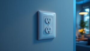 A photograph of a light switch and outlet combo installed in a modern home setting