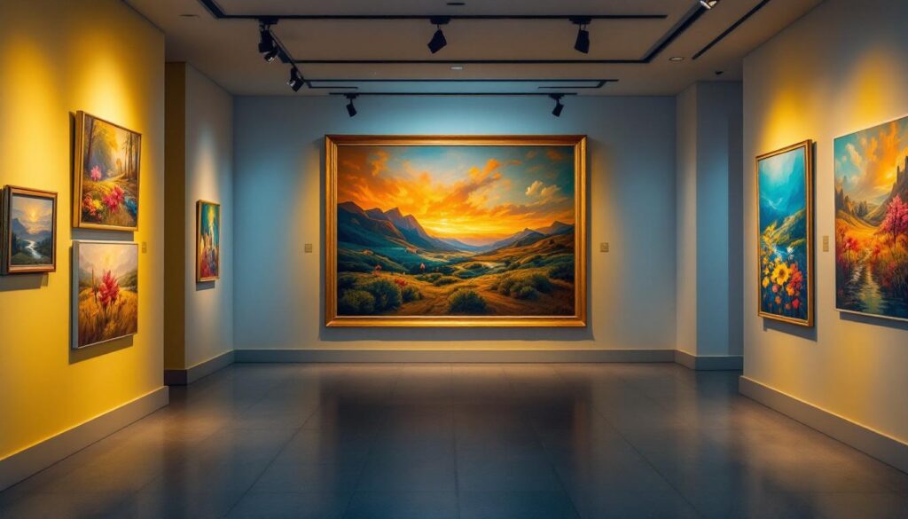 A photograph of capture a photograph of a well-lit art gallery showcasing various paintings